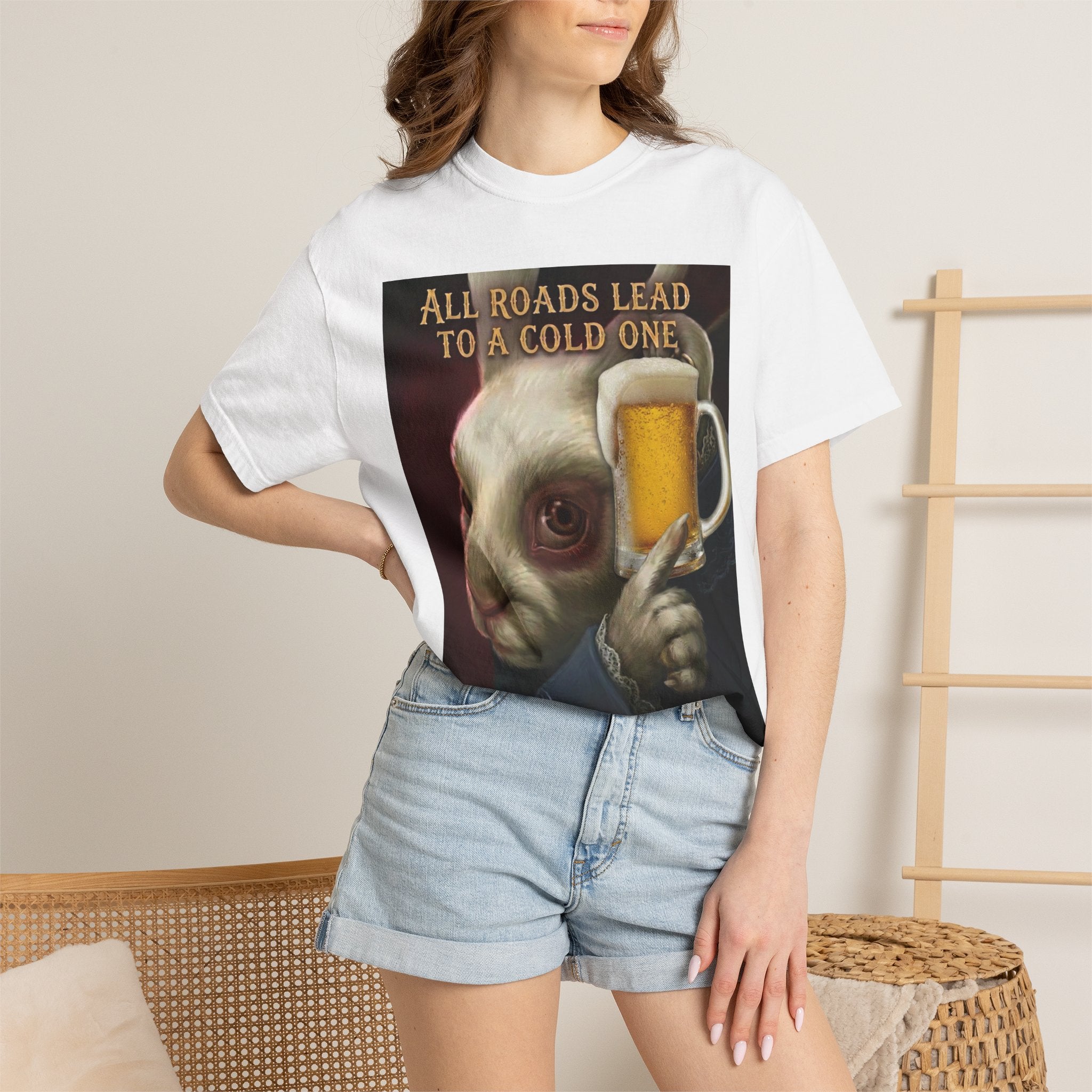 Beer Rabbit T‑Shirt – "All Roads Lead to a Cold One" Graphic Tee