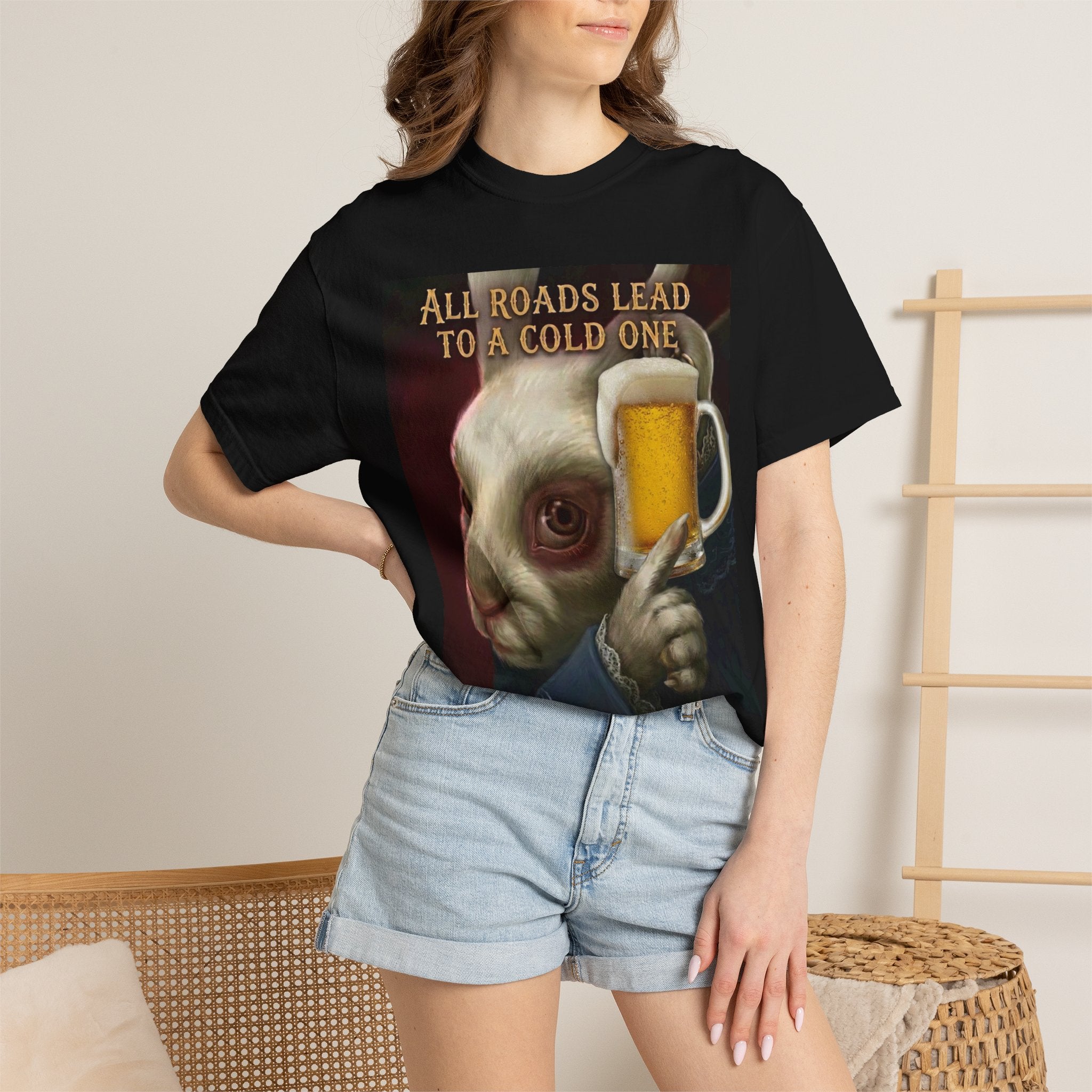 Beer Rabbit T‑Shirt – "All Roads Lead to a Cold One" Graphic Tee